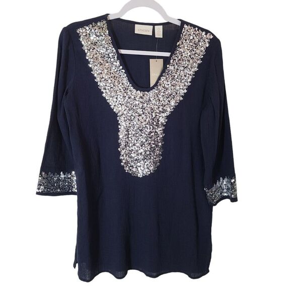 Chico's size 0 Small Midnight Shine Dina 3/4 sleeve gauzy top with sequins NEW - Picture 1 of 8